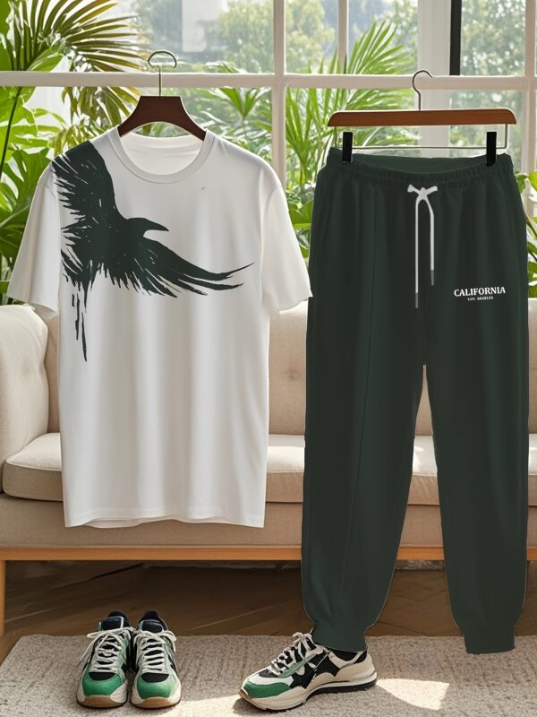 Two-Piece Set with Eagle Spread Wings Pattern Letter Print Short Sleeve Long Pants, Plus Size Men's Home Leisure Outdoor Sport Outfit, Comfortable Stretch Fabric, PLUS SIZE - Image 10