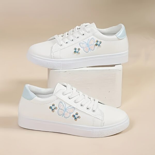 Ladies Butterfly Casual Sports Shoes, White Low-Top Lace-Up, Colorful Butterfly Pattern, Round Toe, Synthetic Upper, Plastic Sole, Non-Woven Fabric Insole and Inner Material, with Hand Wash or Professional Dry Clean Operation Instruction, for All-Season, Casual Wear - Image 4