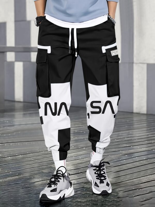 Men's Color Blocking Cargo Pants with Multi Pockets, Casual Drawstring Trousers for Outdoor Activities - Image 9