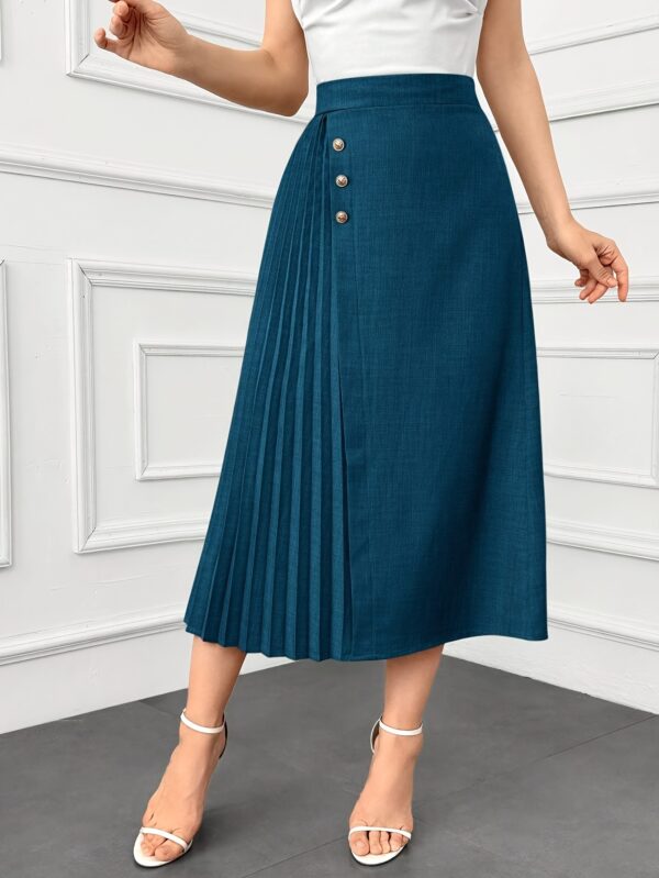 Elegant Dark Blue Pleated Midi Skirt with Front Button Detail - High-Waisted, Non-Stretch Polyester Blend for Women - Perfect for Spring & Summer Office or Casual Wear, Spring Attire | Highwaisted Skirt | Smooth Appearance - Image 3