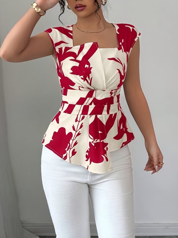 Elegant Women'S Floral Print Blouse with Ruched Detail - Sleeveless, V-Neck, White & Navy Blue Design, Perfect for Spring/Summer, Stylish and Versatile Top, Ladies Blouses - Image 8