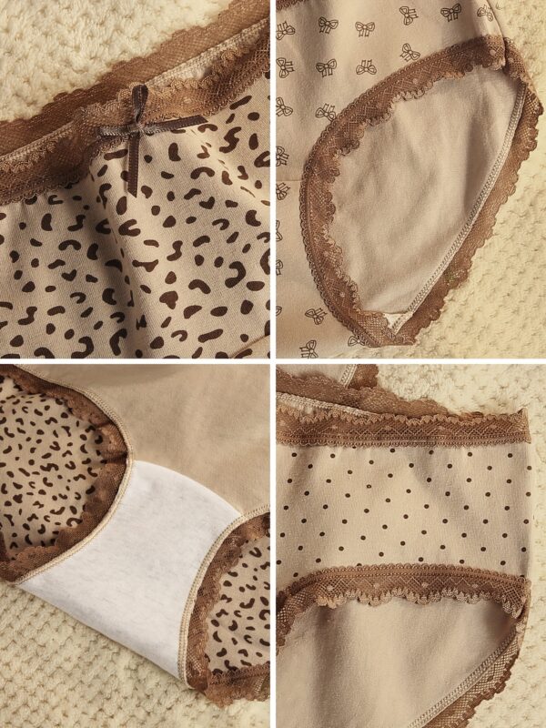 6pcs Women's Mid-Rise Cotton Briefs - Sexy Leopard & Tiger Stripe Print Panties with Lace Trim, Breathable Soft Underwear in Maillard Colors (Earthy Tones), Cute Panties, Comfortable Lingerie, Fashionable Underwear, Elastic Waistband Comfort - Image 5