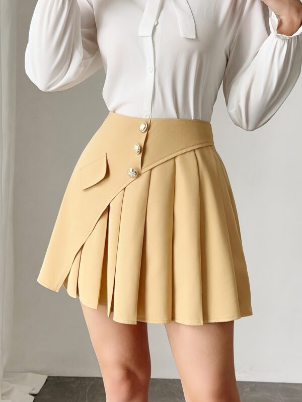 ELFNOKTO Women'S Chic Solid Color A-Line Skirt with Front Button Detail - Pleated Design, High-Waisted Office to Casual Wear, Versatile Skirt | Aline Silhouette | Elegant Texture, Ladies Skirt - Image 5