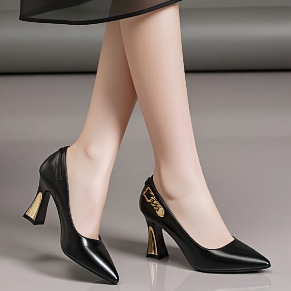 Women'S Fashionable Black Pumps with Golden Heels - Pointed Toe, Comfortable All-Season Dress Shoes, Pointed Toe Pumps | Stylish Women'S Footwear | Durable Rubber Sole, High Heel Pumps - Image 4