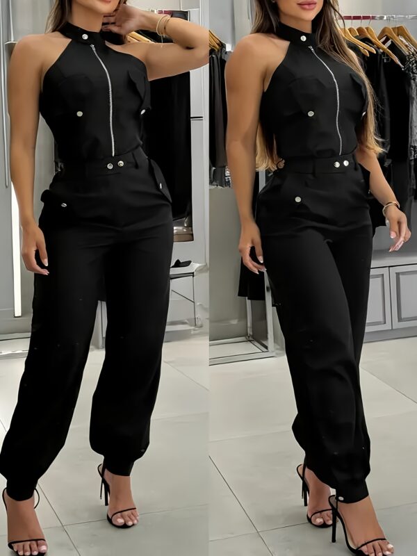Women'S Casual Beige Jumpsuit with Zipper Detail - Sleeveless, Wide-Leg, High-Waisted, Polyester, Spring/Summer Fashion, Casual Attire|Zipper Detail Jumpsuit|Polyester Fabric - Image 3