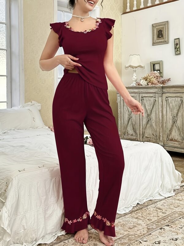 Simple Sweet Fashion Square Neck Embroidered Colorful Small Flower Top and Pants Ruffle Hem Embroidered Flower Two-Piece Pajama Set for Home - Image 25