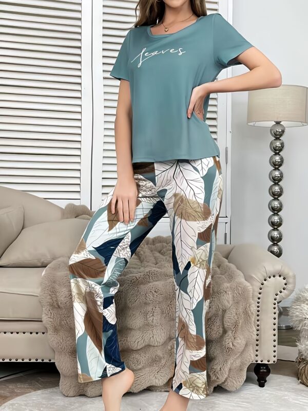 Elegant Leaf Print Pajama Set for Women, Polyester Knit Fabric, Crew Neck Short Sleeve Top and Long Pants Sleepwear Lounge Set with Alphabet Pattern - Image 7