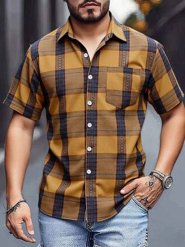 Men's Casual Plaid Short Sleeve Button-Up Shirt - Stylish Summer Wear with Chest Pocket, Yellow & Black Checkered Design, Lightweight Non-Stretch Fabric, Perfect for Everyday Use, Short Sleeve Tops, PLUS SIZE