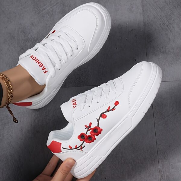 Women'S Floral Embroidered White Sneakers - Low-Top Lace-Up Casual Shoes with Pink Accents, Breathable Fabric Lining & Cushioned PHYLON Sole for All-Season Comfort, Running, Travel, Casual Attire, Ladies Sneakers, Travel Footwear, Elegant Footwear, Durable Footwear - Image 3
