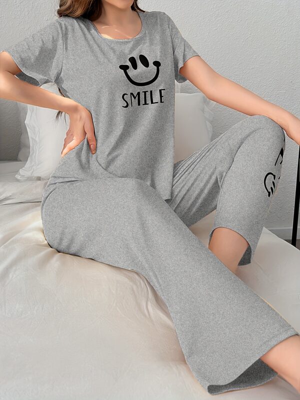 Women'S Casual Yellow joyful Face Pajama Set - Short Sleeve, Long Pants, Crew Neck, All-Season Sleepwear, Comfortable Loungewear, Casual Loungewear|Playful Design|Soft Texture - Image 19