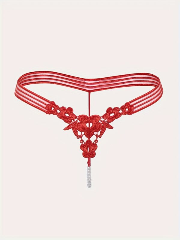 1pc Sexy Beaded Thong Panties for Women, 100% Polyester Knit Fabric, Solid Color, Drop Waist, Mini Embroidered V-String Underwear, Adult Thong Style, 105gsm - Red