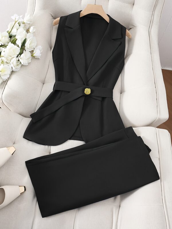 Women's Belted Suit Collar Sleeveless Top and Pants Fashion Commuter Set