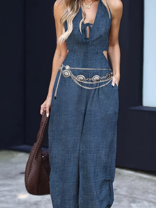 2025 New Style Off-Shoulder Women's Fashion Jumpsuit High-Waist Wide-Leg Hollow-Out Chic Summer Vacation Casual Outfit - Image 5