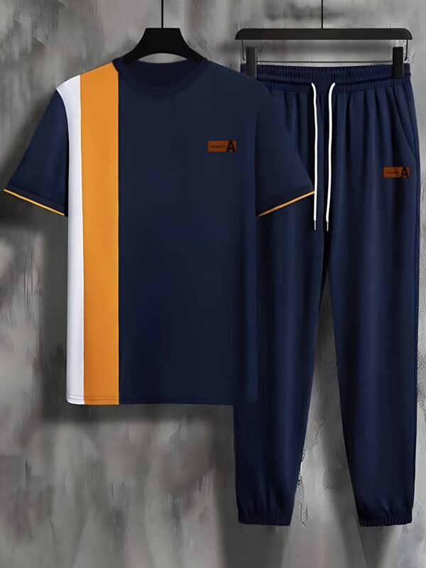 Summer Men's Casual Round Neck Short Sleeve Long Pants Set with Patchwork Design