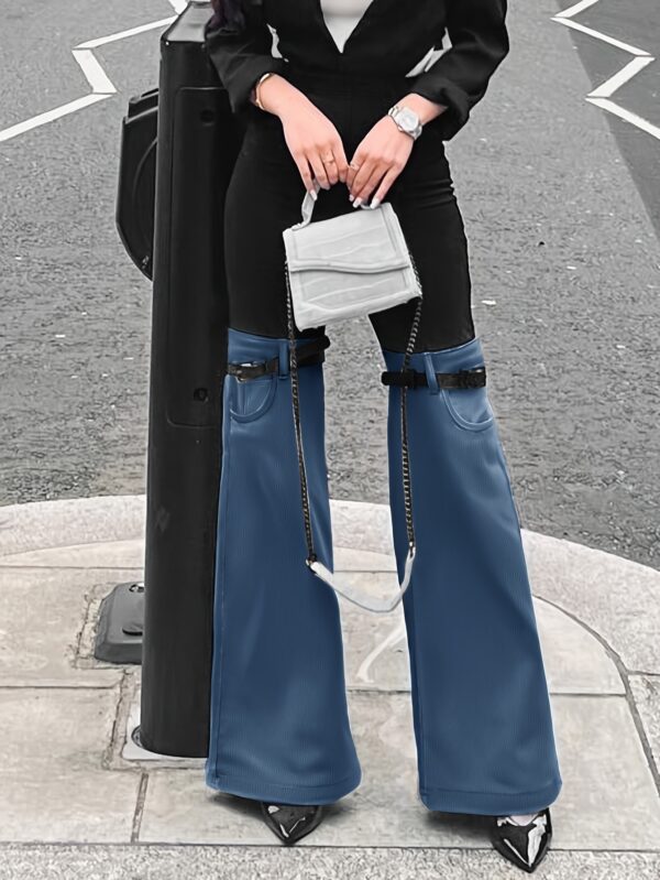 Women'S High-Waist Color Block Flare Pants - Sexy Black & Blue Wide-Leg Trousers with Adjustable Waist Straps, Pockets, and Button Details for Casual or Formal Outfits, High Waisted Pants, Formal Attire, Stylish Waistband, Durable Fabric - Image 13