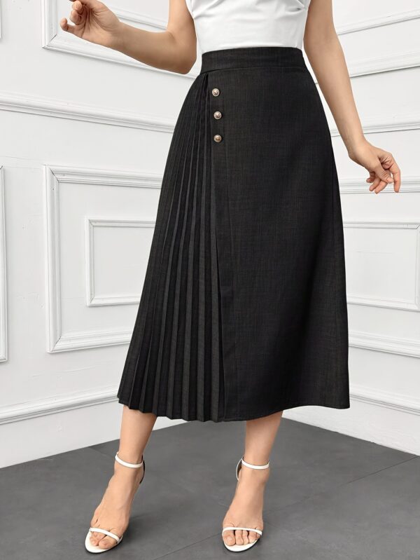 Elegant Dark Blue Pleated Midi Skirt with Front Button Detail - High-Waisted, Non-Stretch Polyester Blend for Women - Perfect for Spring & Summer Office or Casual Wear, Spring Attire | Highwaisted Skirt | Smooth Appearance - Image 2