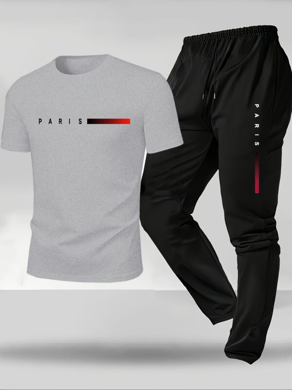 Men's Letter Print Short Sleeve Long Pants Loungewear Set - Image 3