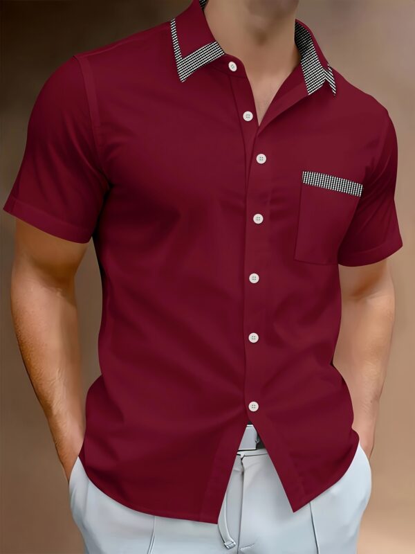Men's Slim Fit Lightweight Business Casual Shirt with Collar, Short Sleeves, and Chest Pocket - Summer Wear in Beige with Gray Accents - Image 3