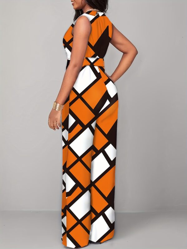 Women'S Elegant Orange & Black Geometric Print Jumpsuit with Belt - Stylish Wide-Leg Pants, High Neck, Long Sleeve, Perfect for Parties & Formal Events, Formal Attire|Geometric Print Jumpsuit|Polyester Fabric - Image 4