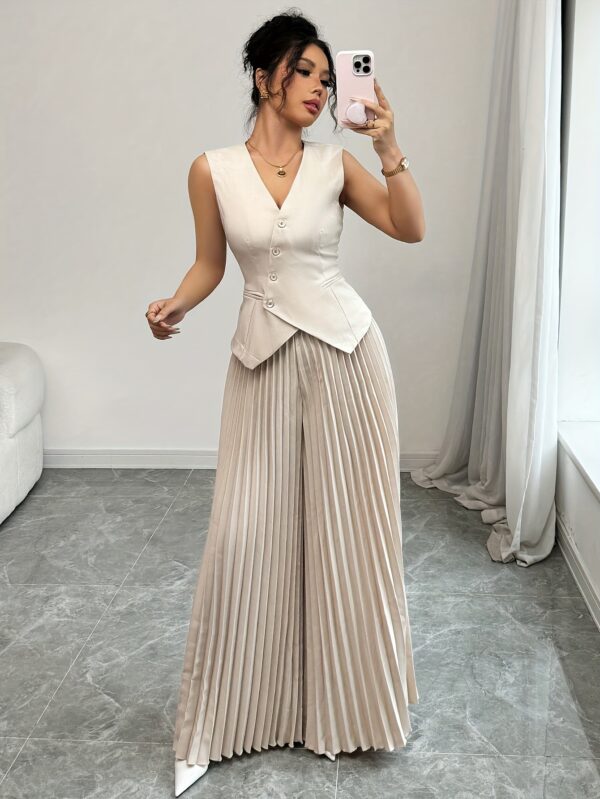 Women'S Simple And Versatile Pleated Vest Set, Fashionable Tank Top And Pleated Pants, 2pcs Set. - Image 7