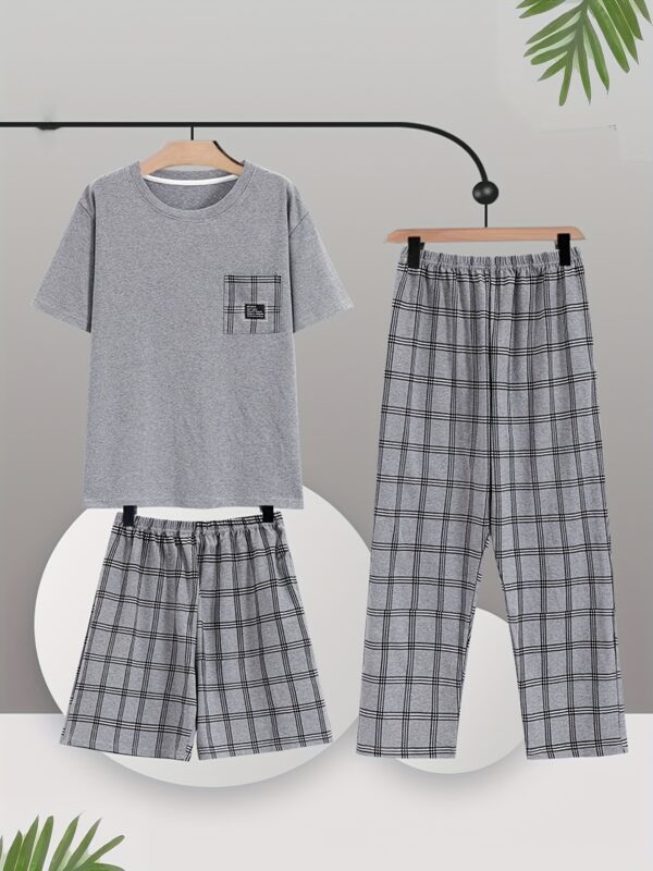 New European And American Spring, Summer, And Autumn Men'S Pajama Set with Short Sleeves, Shorts, And Long Pants, Including 1 Shirt And 2 Pants for Home Wear - Image 2