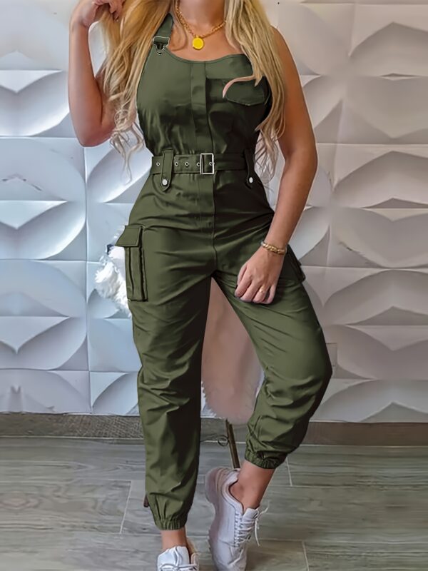 Solid Flap Pocket Cargo Jumpsuit, Casual Sleeveless Belted Flap Detail Jumpsuit, Women's Clothing - Image 6