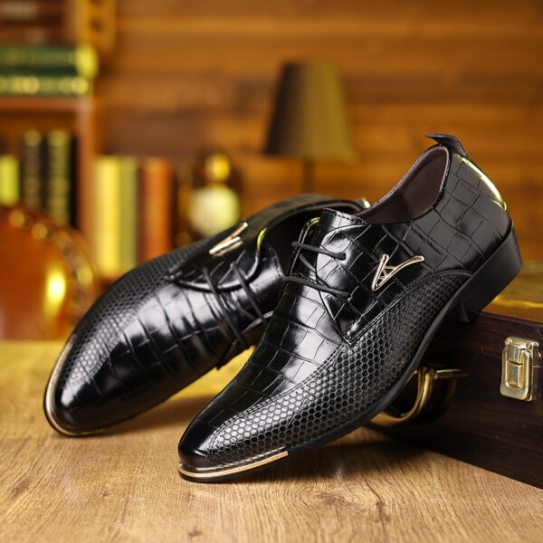 Men's Formal Dress Shoes - Brown Crocodile Pattern Lace-Up Oxfords with Golden Accents, Black Rubber Sole, Perfect for Business, Party, or Streetwear, Formal Shoes - Image 6
