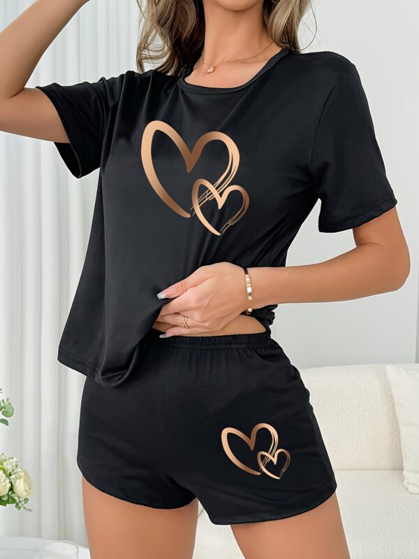 Women'S Casual Heart Print Pajama Set - Short Sleeve, Short Length, Crew Neck, Stretchy Polyester Blend, Grey with Golden Hearts Design, All-Season Comfor - Image 11