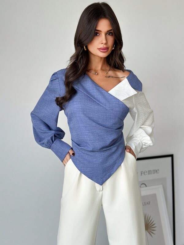 Women's Elegant Asymmetrical Hem Blouse - Solid Color Classic Collar Shirt Top, Machine Washable All-Season Versatile Shirt for Casual & Formal Wear, Folded Cuff Design, Quality Tailoring, Office Attire, Modern Style, Durable Material, Adult Clothing