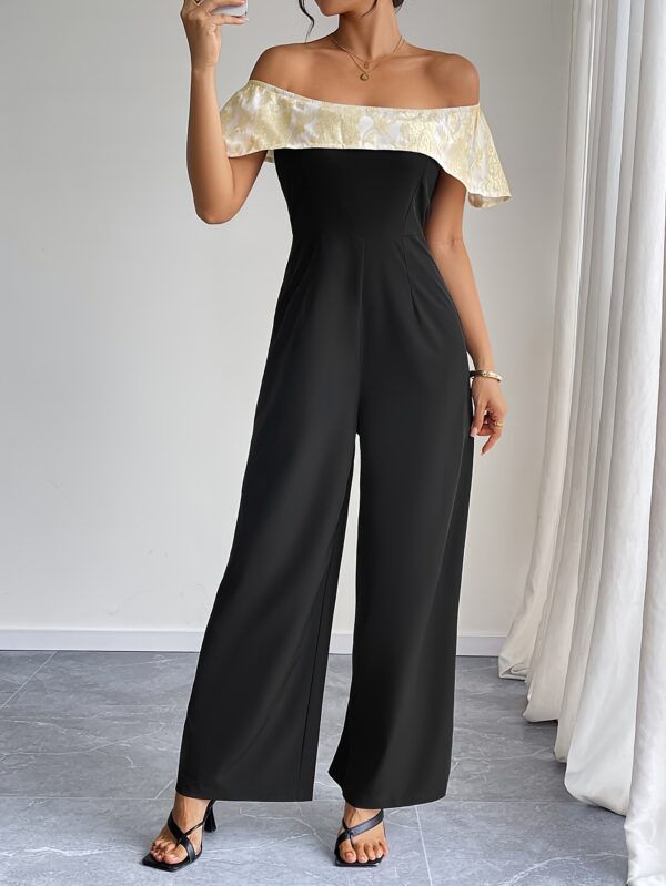 Women'S Elegant Off-Shoulder Jumpsuit with Golden Floral Detail - High-Waisted Wide-Leg Pants, Black & White Contrast, Perfect for Spring/Summer, Adult Fashion, Stylish Outfit | Floral Detail Jumpsuit | Polyester Fabric
