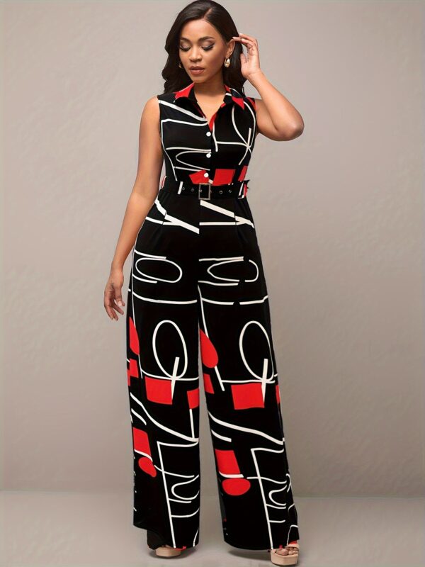 Women'S Elegant Orange & Black Geometric Print Jumpsuit with Belt - Stylish Wide-Leg Pants, High Neck, Long Sleeve, Perfect for Parties & Formal Events, Formal Attire|Geometric Print Jumpsuit|Polyester Fabric - Image 3