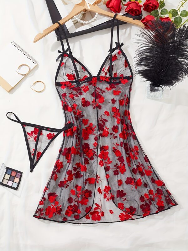 Valentine'S Day Women'S Sheer Sexy Mesh Lace Trim, Fashionable Sexy Design, Briefs Included, Two-Piece Set, Briefs Outfit|Floral Pattern Top|Sexy Lingeri - Image 2