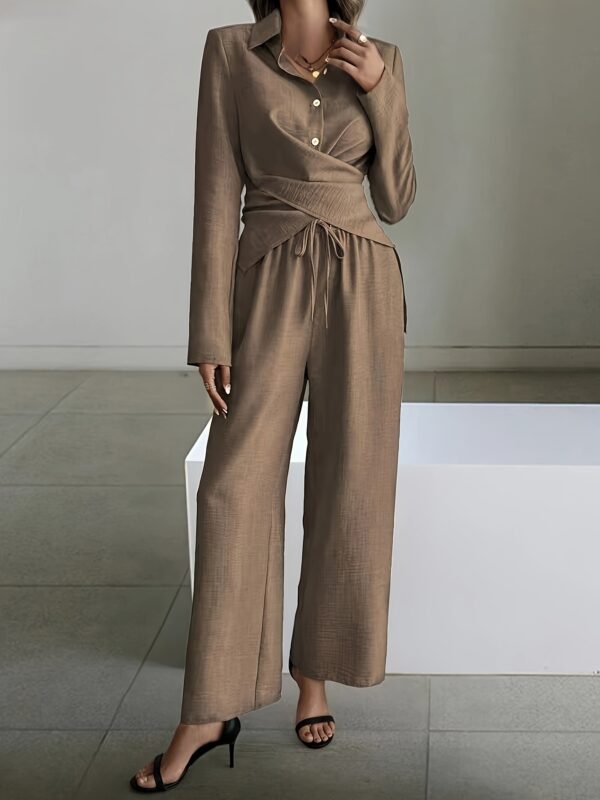 Elegant Minimalist Short-Hem Top and Wide-Leg Pants Set for Women - Button Detail, Polyester, Brown, Casual Outfit|Minimalist Outfit|Button Detailing, High Waisted Pants - Image 5