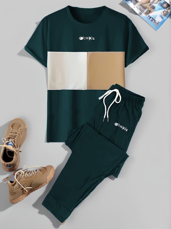 Men'S Casual Color-Blocked Short-Sleeve Round-Neck Loungewear Set with Long Pants - Image 2