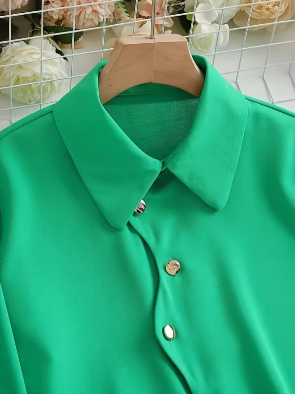 Women's Elegant Solid Color Lapel Long Sleeve Shirt - Classic Button-Up Blouse with Structured Shoulders, Machine Washable Non-See-Through Fabric for Spring Summer Fall, Versatile Office & Casual Wear, Ladies Blouses - Image 3