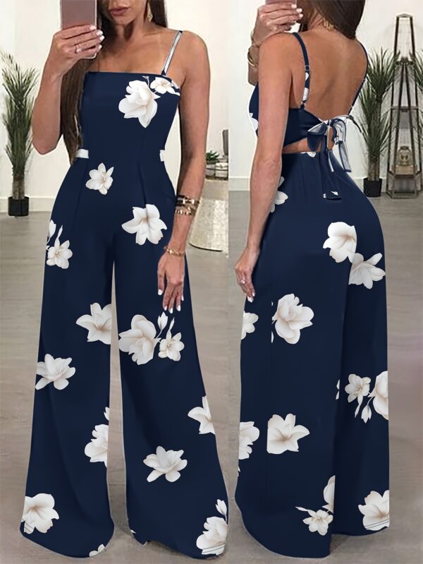 Elegant Floral Print Women'S Jumpsuit - Sleeveless Wide-Leg Romper with Tie-Waist Detail, Vibrant Red & White Hibiscus Design, Perfect for Summer Outings, Adult Fashion, Casual Summer Wear | Floral Print Jumpsuit | Wideleg Jumpsuit - Image 2