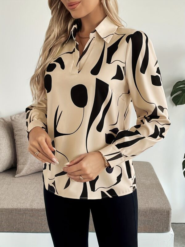 Women's Elegant V-Neck Long Sleeve Blouse - Black & Beige Geometric Print, Machine Washable Regular Fit Shirt for Spring Summer Fall, Office & Casual Wear, Smooth Texture Fabric, Work Attire, Classic Design, Durable Construction, Buttonup Top, Professional Women - Image 9