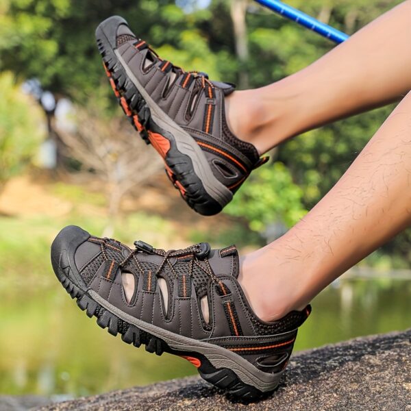 Men'S Breathable Mesh Summer Sandals - Casual Slip-On with Buckle Closure, Black & Orange Striped Design, Rubber Sole for Hiking, Beach & Outdoor Activities, Beach Sandals | Buckle Strap Sandals | Breathable Upper Sandals - Image 6