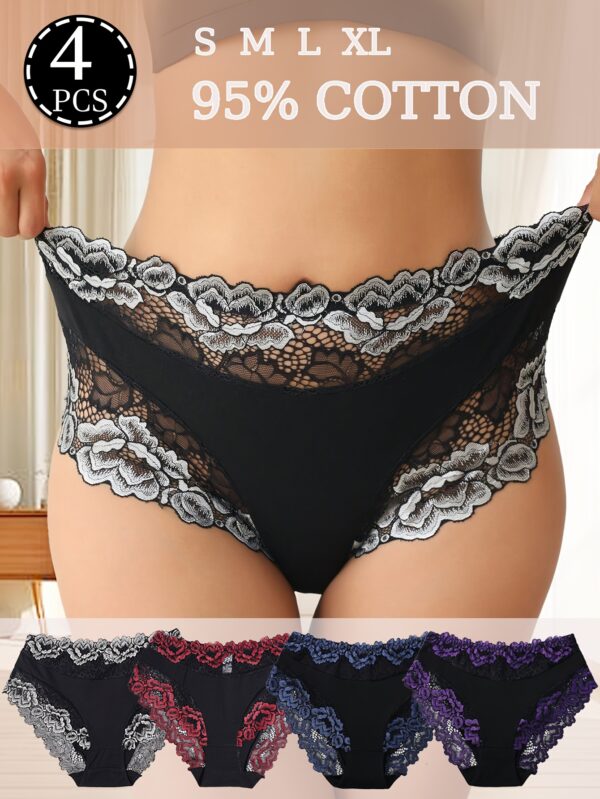 4-pack Women's mid-rise briefs, elegant lace flower design, breathable and lightweight, Cotton comfortable stretch briefs, sizes S-XL - Image 2
