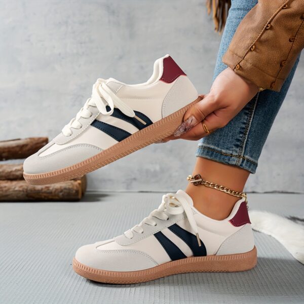 Women's Casual Sneakers - Low-Top Lace-Up Geometric Color-Block Design (White/Navy/Red) | Synthetic Cover & Fabric Upper, Breathable EVA Cushion & Durable PVC Sole | Spring Fashion Versatile Shoes for Daily Commute, Students & Casual Outfits, Ladies Sneakers - Image 2