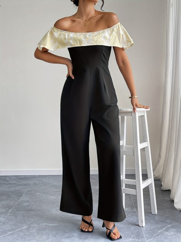 Women'S Elegant Off-Shoulder Jumpsuit with Golden Floral Detail - High-Waisted Wide-Leg Pants, Black & White Contrast, Perfect for Spring/Summer, Adult Fashion, Stylish Outfit | Floral Detail Jumpsuit | Polyester Fabric - Image 5