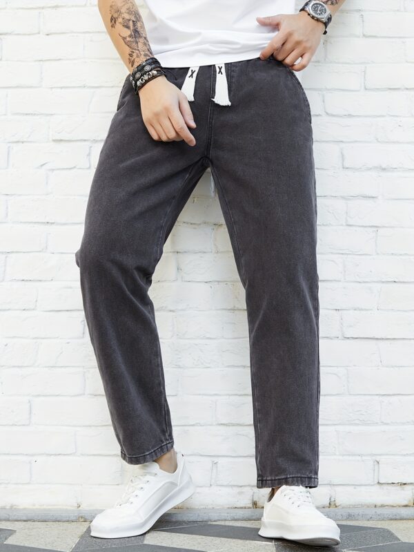 Washed Denim Trousers for Men, Spring and Autumn Trendy Brand, Loose Straight Fit with Elastic Waist and Drawstring, Versatile and Fashionable, Japanese Style, Casual Nine-Fifth Trousers for Spring, Gengyuanshi - Image 4