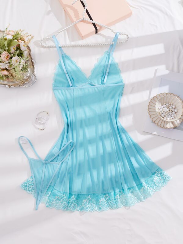 V-neck Two-Tone Lace Sheer Mesh Bow Halter Dress + Thong Set, Sexy Fashion Women's Lingerie Sleepwear - Image 5