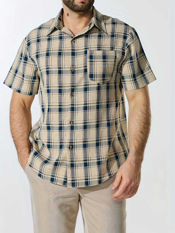 Men's Stylish Black & White Plaid Button-Up Shirt with Chest Pocket - Short Sleeve, Classic Collar, Casual Summer Wear, Polyester Fabric, Mature Design - Image 2