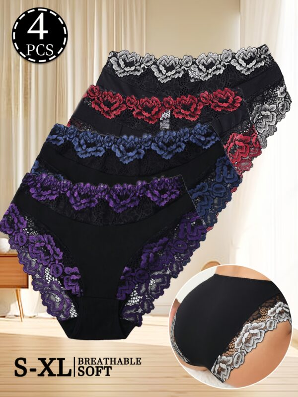 4-pack Women's mid-rise briefs, elegant lace flower design, breathable and lightweight, Cotton comfortable stretch briefs, sizes S-XL - Image 3