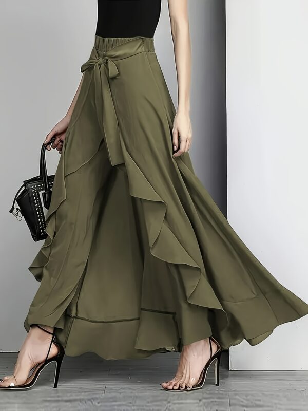 Women's Plus Size Olive Green Wide-Leg Pants with Front Tie Waist - High Rise, Flowy Vacation Style, Machine Washable, All-Season Comfort, Special Event Attire | Wideleg Design | Elegant Appearance