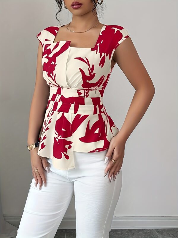 Elegant Women'S Floral Print Blouse with Ruched Detail - Sleeveless, V-Neck, White & Navy Blue Design, Perfect for Spring/Summer, Stylish and Versatile Top, Ladies Blouses - Image 5