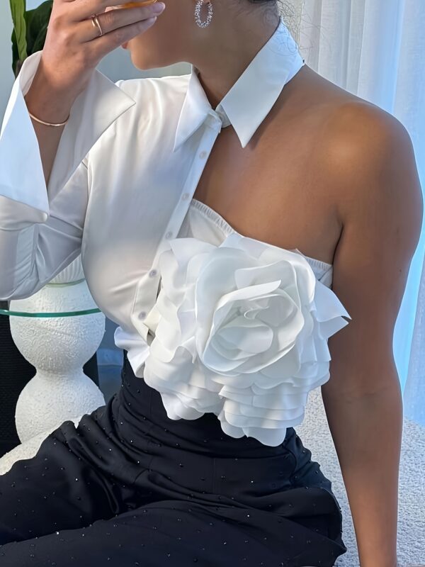 Elegant Women's Blouse with Ruffled Neckline & 3/4 Sleeves - Lightweight Pink Solid Color Shirt for Spring/Summer, Hand Wash Only, Non-Stretch Fabric, Versatile Casual to Formal Wear, Spring Fashion Top, Offshoulder Styling - Image 9