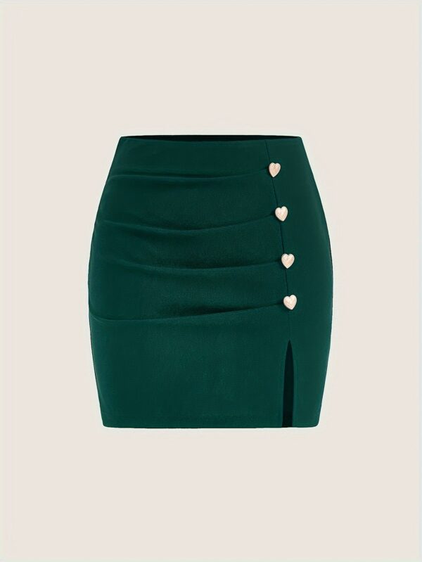 Women'S High-Waisted Pencil Skirt with Front Slit & Decorative Buttons - Light Blue, Short Length, Button-Up Design for Spring/Summer, Casual to Formal Wear, Formal Attire, Sleek Fitted Style, Smooth Texture - Image 3