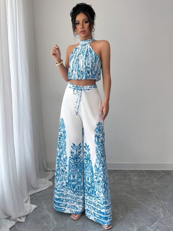 Women'S Fashion 2pcs Set Elegant Sleeveless Camisole Top and Wide-Leg Pants, Suitable for Summer